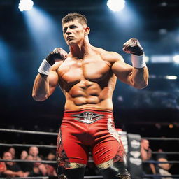 Professional wrestler Cody Rhodes, in his signature wrestling attire, displaying a pose of triumph in a wrestling ring.