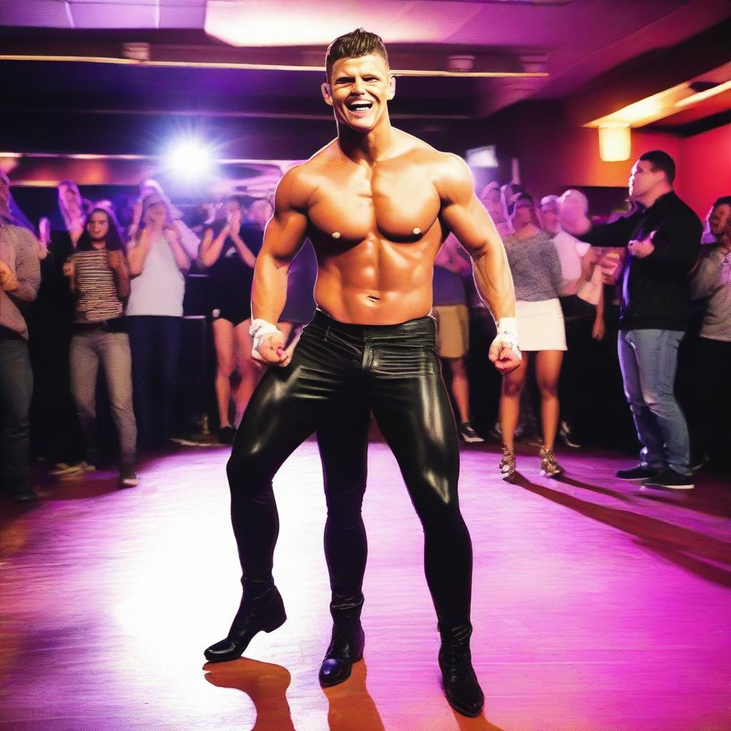 Professional wrestler Cody Rhodes, on a dance floor, showcasing his fun side by busting some smooth dance moves.