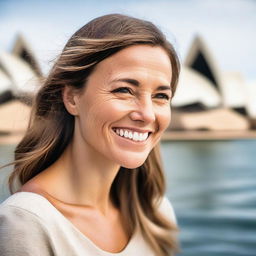 An Australian woman outdoors with striking features, her broad smile reflecting the friendly and open nature of Australian culture, against the backdrop of Sydney Opera House.