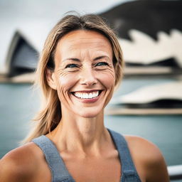 An Australian woman outdoors with striking features, her broad smile reflecting the friendly and open nature of Australian culture, against the backdrop of Sydney Opera House.