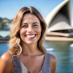 An Australian woman outdoors with striking features, her broad smile reflecting the friendly and open nature of Australian culture, against the backdrop of Sydney Opera House.