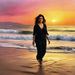 Bollywood actress Kajol Dewan strolling leisurely on a beach, waves gently lapping at her feet, with a colorful sunset painting a beautiful backdrop.