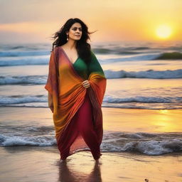 Bollywood actress Kajol Dewan strolling leisurely on a beach, waves gently lapping at her feet, with a colorful sunset painting a beautiful backdrop.