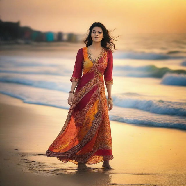 Bollywood actress Kajol Dewan strolling leisurely on a beach, waves gently lapping at her feet, with a colorful sunset painting a beautiful backdrop.