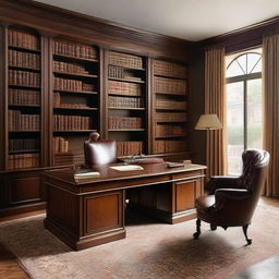 An office designed in a classic style with a dominant brown finish, including wooden desks, leather chairs and bookshelves filled with antique books.