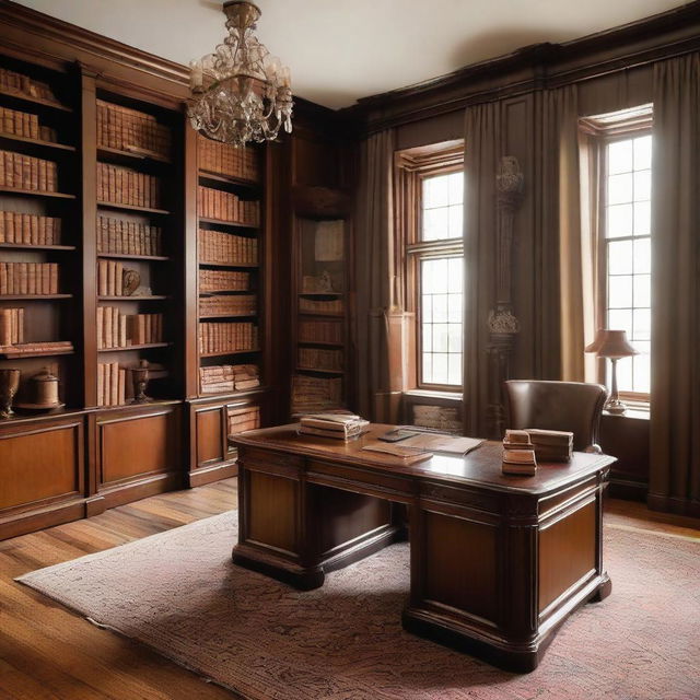 An office designed in a classic style with a dominant brown finish, including wooden desks, leather chairs and bookshelves filled with antique books.