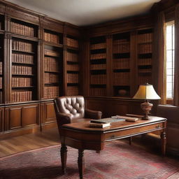 An office designed in a classic style with a dominant brown finish, including wooden desks, leather chairs and bookshelves filled with antique books.