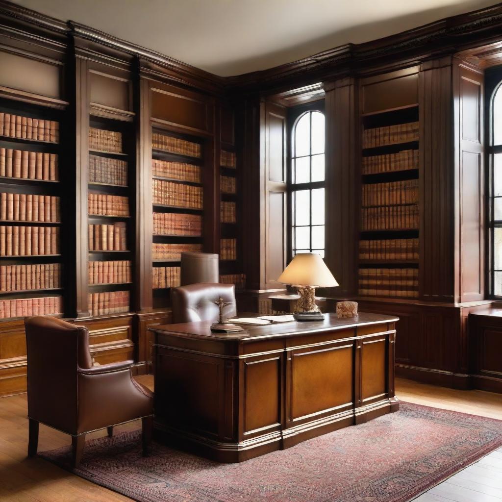 An office designed in a classic style with a dominant brown finish, including wooden desks, leather chairs and bookshelves filled with antique books.