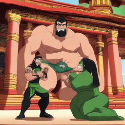 A surprising scene where cartoon character Ben 10 is visiting a Buddha temple and unexpectedly, wrestler Roman Reigns launches an attack on him, creating an unusual interaction.