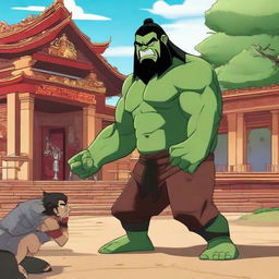 A surprising scene where cartoon character Ben 10 is visiting a Buddha temple and unexpectedly, wrestler Roman Reigns launches an attack on him, creating an unusual interaction.