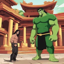 A surprising scene where cartoon character Ben 10 is visiting a Buddha temple and unexpectedly, wrestler Roman Reigns launches an attack on him, creating an unusual interaction.