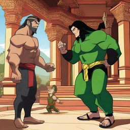 A surprising scene where cartoon character Ben 10 is visiting a Buddha temple and unexpectedly, wrestler Roman Reigns launches an attack on him, creating an unusual interaction.