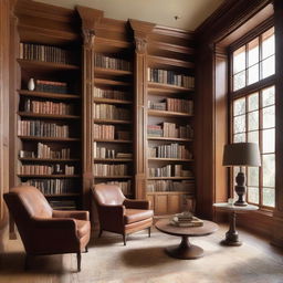 A tranquil library with towering shelves abundant with books, comfortable reading chairs paired with a wooden table