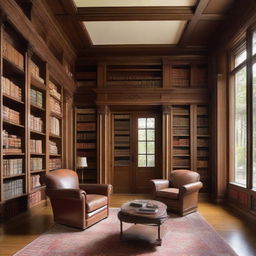 A tranquil library with towering shelves abundant with books, comfortable reading chairs paired with a wooden table