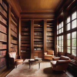 A tranquil library with towering shelves abundant with books, comfortable reading chairs paired with a wooden table