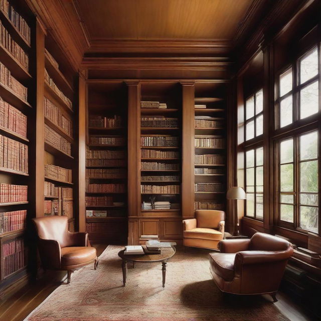 A tranquil library with towering shelves abundant with books, comfortable reading chairs paired with a wooden table