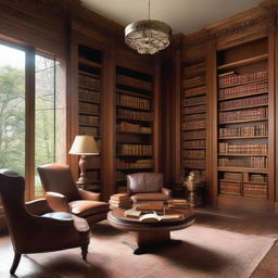 A tranquil library with towering shelves abundant with books, comfortable reading chairs paired with a wooden table