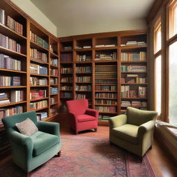 A peaceful, well-lit library with shelves brimming with books of various sizes and colors, coupled with plush chairs and a sturdy reading table.