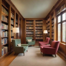 A peaceful, well-lit library with shelves brimming with books of various sizes and colors, coupled with plush chairs and a sturdy reading table.