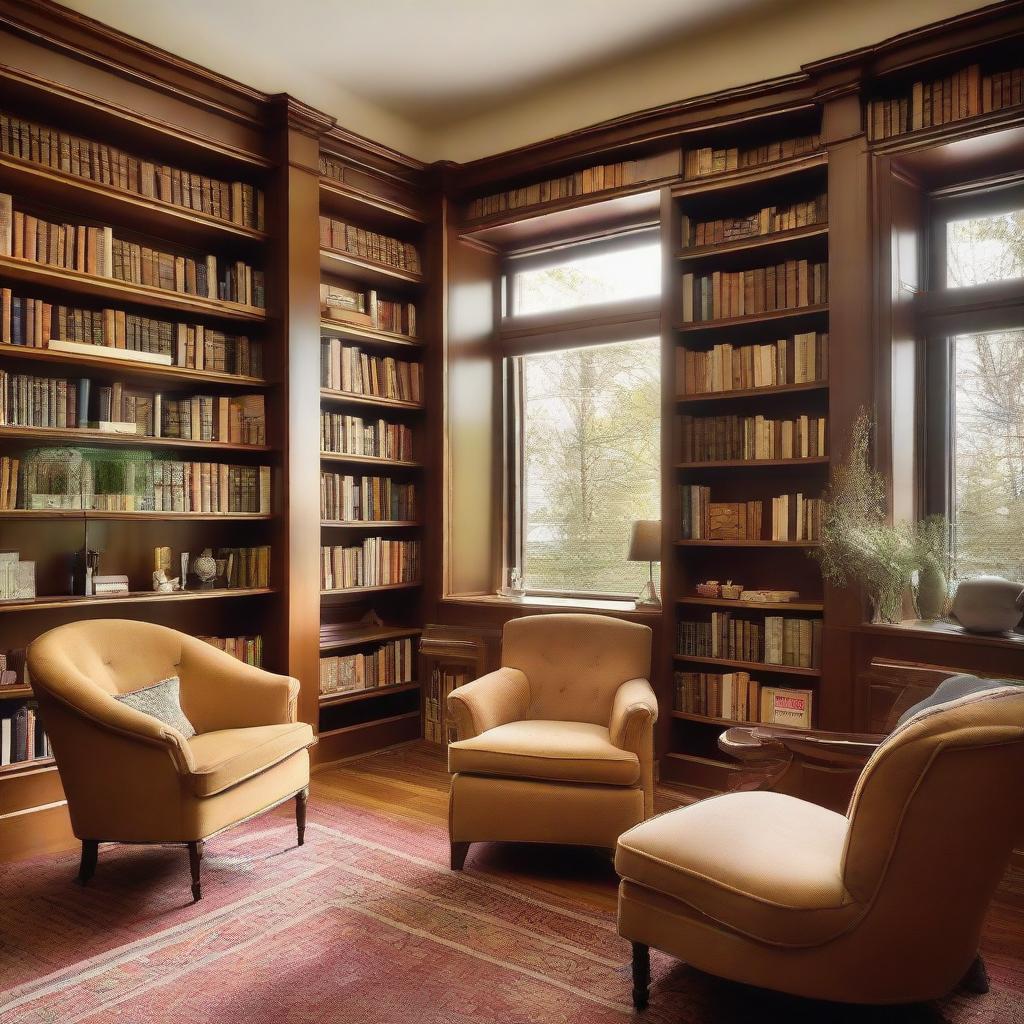 A peaceful, well-lit library with shelves brimming with books of various sizes and colors, coupled with plush chairs and a sturdy reading table.