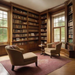 A peaceful, well-lit library with shelves brimming with books of various sizes and colors, coupled with plush chairs and a sturdy reading table.