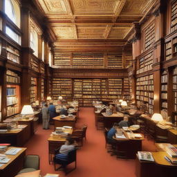 A public library teeming with knowledge, bustling with people, featuring shelves overflowed with colorful books, paired with comfortable chairs, and sturdy reading tables.