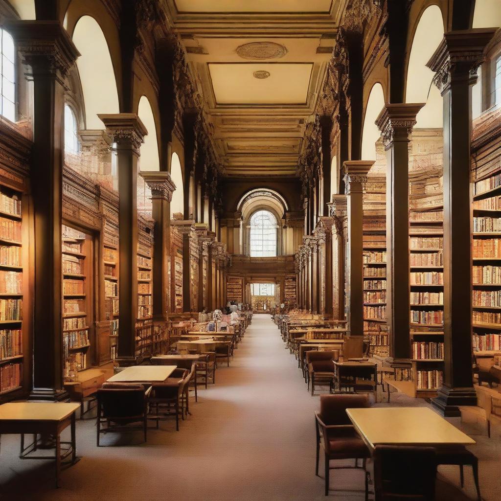 A public library teeming with knowledge, bustling with people, featuring shelves overflowed with colorful books, paired with comfortable chairs, and sturdy reading tables.