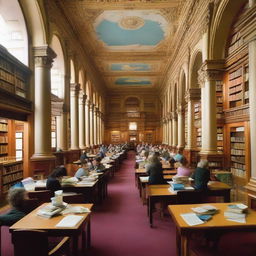 A public library teeming with knowledge, bustling with people, featuring shelves overflowed with colorful books, paired with comfortable chairs, and sturdy reading tables.