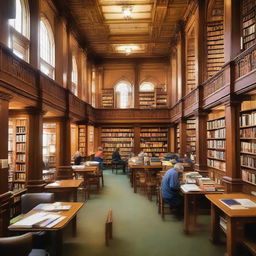 A public library teeming with knowledge, bustling with people, featuring shelves overflowed with colorful books, paired with comfortable chairs, and sturdy reading tables.