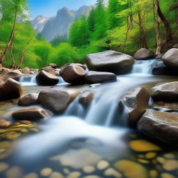 An invigorating scene of purity and clarity. Depict a crystal clear mountain stream with glittering water flowing over smooth stones, surrounded by untouched, serene nature.