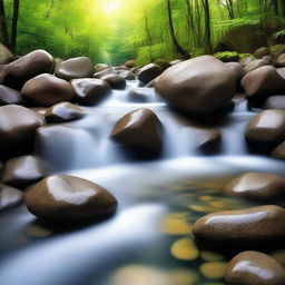 An invigorating scene of purity and clarity. Depict a crystal clear mountain stream with glittering water flowing over smooth stones, surrounded by untouched, serene nature.