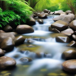 An invigorating scene of purity and clarity. Depict a crystal clear mountain stream with glittering water flowing over smooth stones, surrounded by untouched, serene nature.