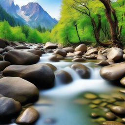 An invigorating scene of purity and clarity. Depict a crystal clear mountain stream with glittering water flowing over smooth stones, surrounded by untouched, serene nature.