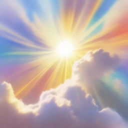 An abstract representation of light. Iridescent beams piercing through fluffy clouds or emanating from a radiant sun. The light fills the scene with warmth and tranquility.