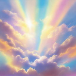 An abstract representation of light. Iridescent beams piercing through fluffy clouds or emanating from a radiant sun. The light fills the scene with warmth and tranquility.