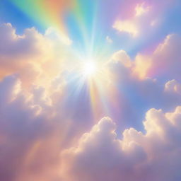 An abstract representation of light. Iridescent beams piercing through fluffy clouds or emanating from a radiant sun. The light fills the scene with warmth and tranquility.