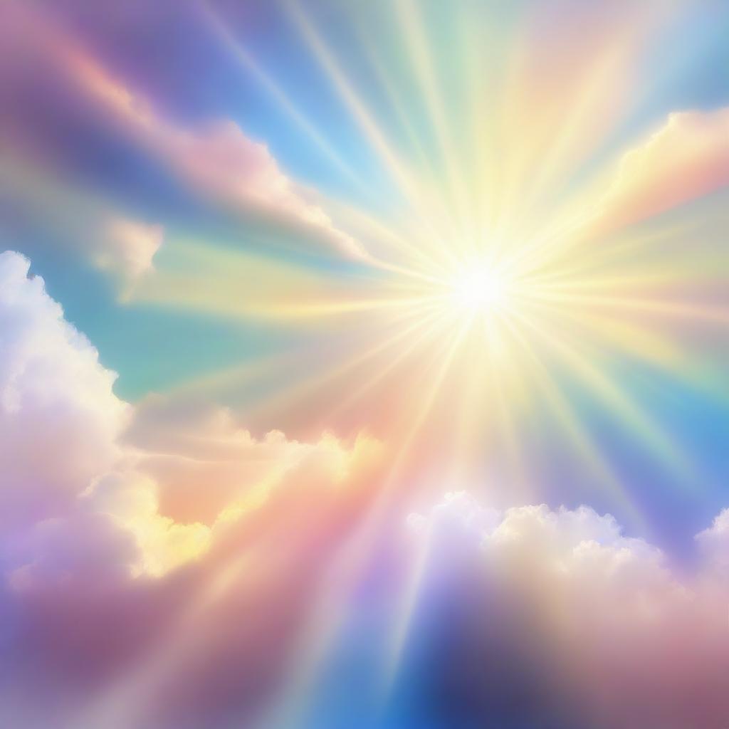 An abstract representation of light. Iridescent beams piercing through fluffy clouds or emanating from a radiant sun. The light fills the scene with warmth and tranquility.