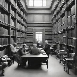 A bustling public library with shelves piled high with a myriad of books, chairs nestled by a table where two men are engaged in a thoughtful conversation.