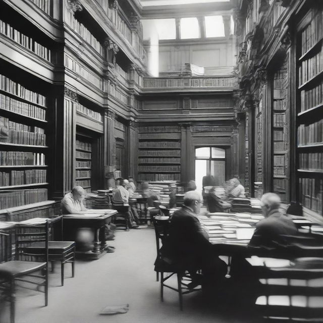 A bustling public library with shelves piled high with a myriad of books, chairs nestled by a table where two men are engaged in a thoughtful conversation.