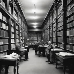 A bustling public library with shelves piled high with a myriad of books, chairs nestled by a table where two men are engaged in a thoughtful conversation.