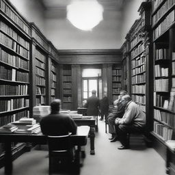 A bustling public library with shelves piled high with a myriad of books, chairs nestled by a table where two men are engaged in a thoughtful conversation.