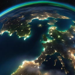 A breathtaking view of Earth from space. Show the vibrant blue oceans, the swirling white clouds, and the different shades of green and brown landmasses. Visible are the glowing city lights of the dark side.