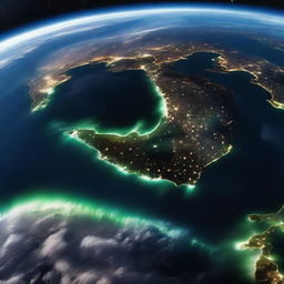 A breathtaking view of Earth from space. Show the vibrant blue oceans, the swirling white clouds, and the different shades of green and brown landmasses. Visible are the glowing city lights of the dark side.