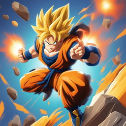 This is a high-quality digital art image of Goku from Dragonball, reimagined in the distinctive, cartoonish style of Fortnite
