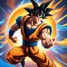 This is a high-quality digital art image of Goku from Dragonball, reimagined in the distinctive, cartoonish style of Fortnite
