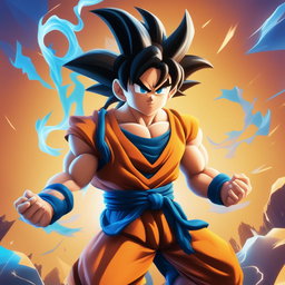 This is a high-quality digital art image of Goku from Dragonball, reimagined in the distinctive, cartoonish style of Fortnite