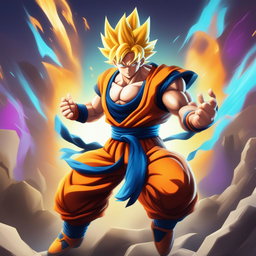 This is a high-quality digital art image of Goku from Dragonball, reimagined in the distinctive, cartoonish style of Fortnite