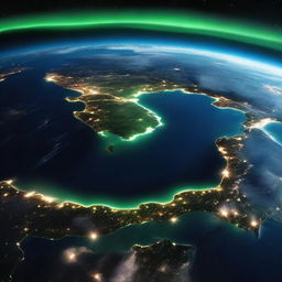 A breathtaking view of Earth from space. Show the vibrant blue oceans, the swirling white clouds, and the different shades of green and brown landmasses. Visible are the glowing city lights of the dark side.