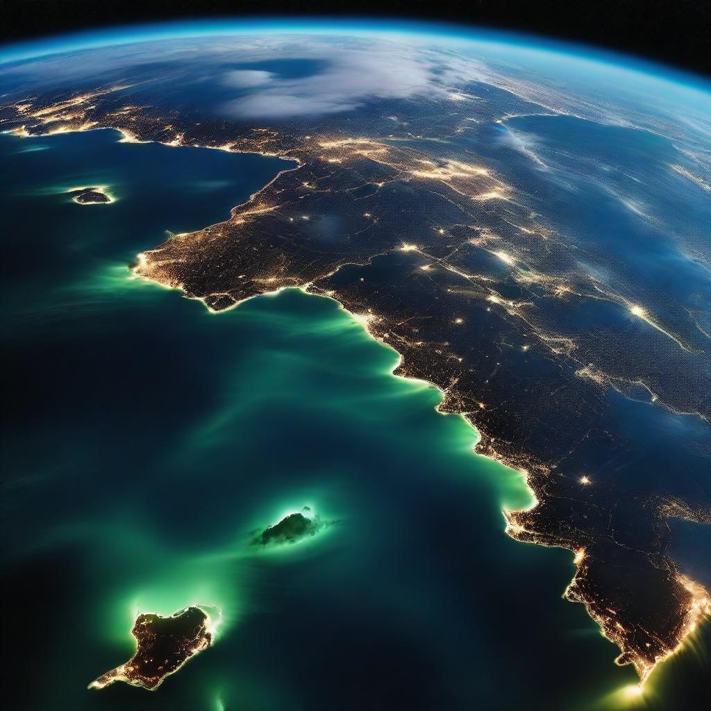 A breathtaking view of Earth from space. Show the vibrant blue oceans, the swirling white clouds, and the different shades of green and brown landmasses. Visible are the glowing city lights of the dark side.