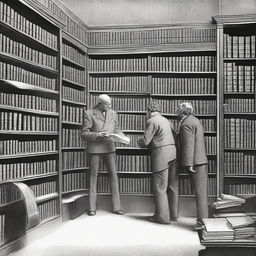 A lively public library, with shelves overflowing with books; a chair pulled up to a table where two men are engrossed in conversation, one man holding an open book in his hands.